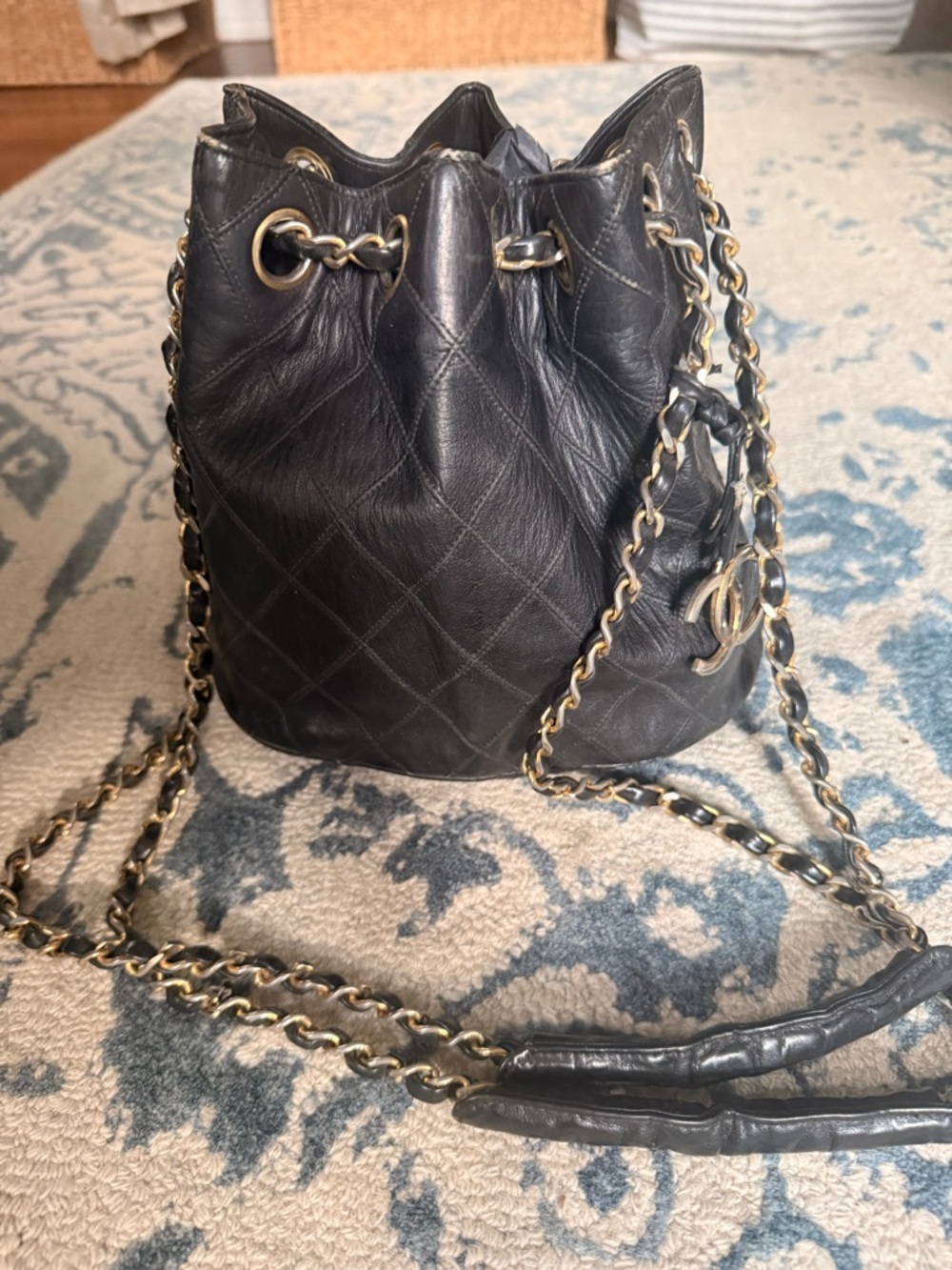 VINTAGE Chanel Black Quilted Leather Drawstring Bucket Bag